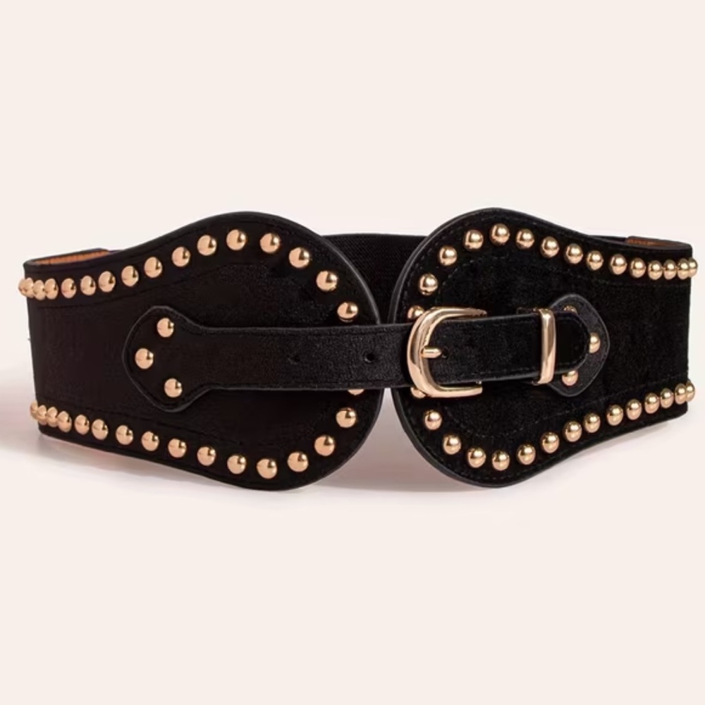 Black Studded Single-Buckle Women's Waist Belt